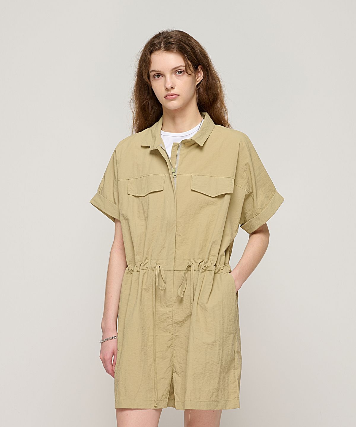 카고브로스 포 우먼(CARGOBROS FOR WOMAN) 워크 와이드핏 반바지 점프슈트 (카키)