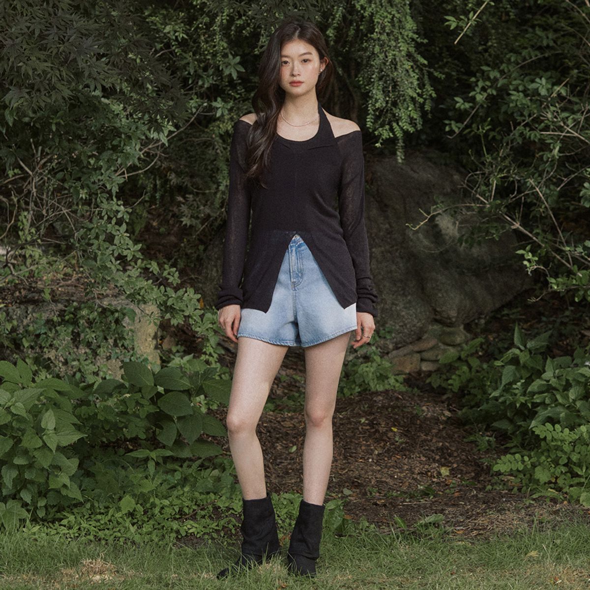 어다울(ADAUL) Slit see through summer layered knit - black