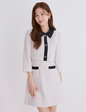 배색 카라 트위드 2in1 원피스(2colors)_RMOWE24R12