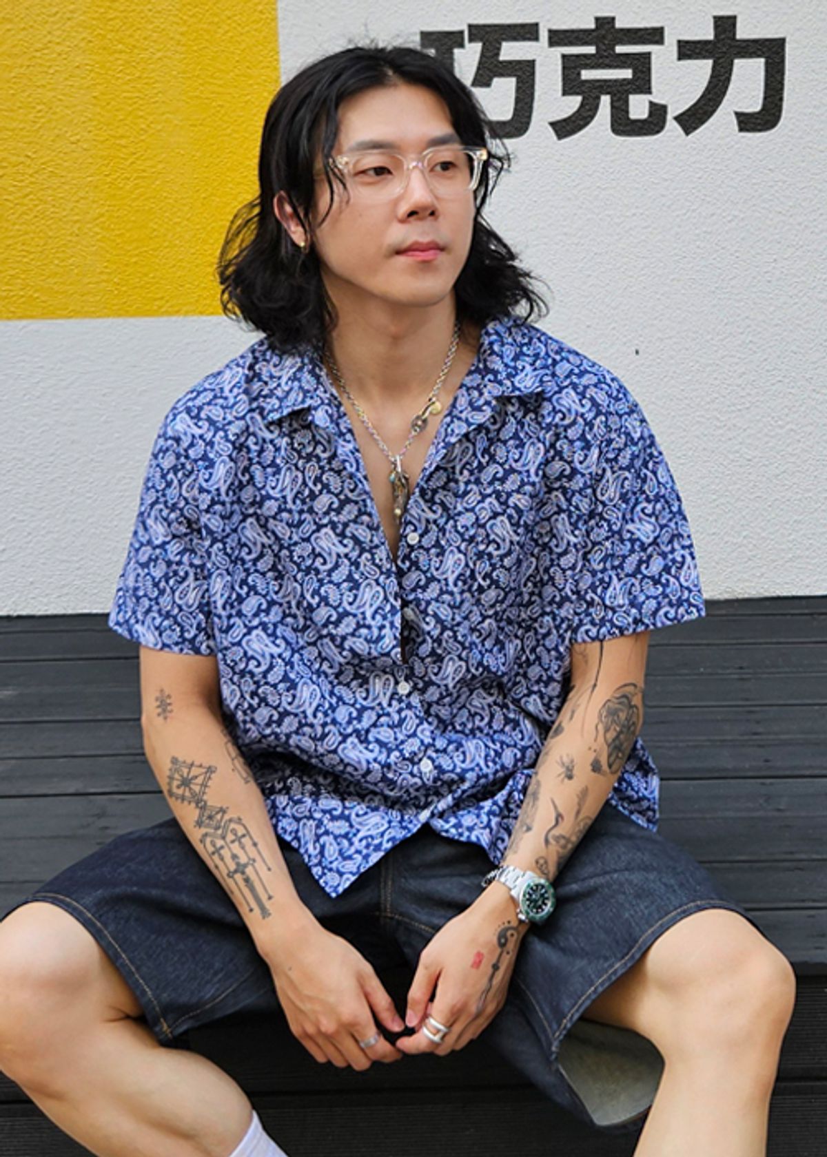 라울(LAUL) 페이즐리 반팔 셔츠 네이비