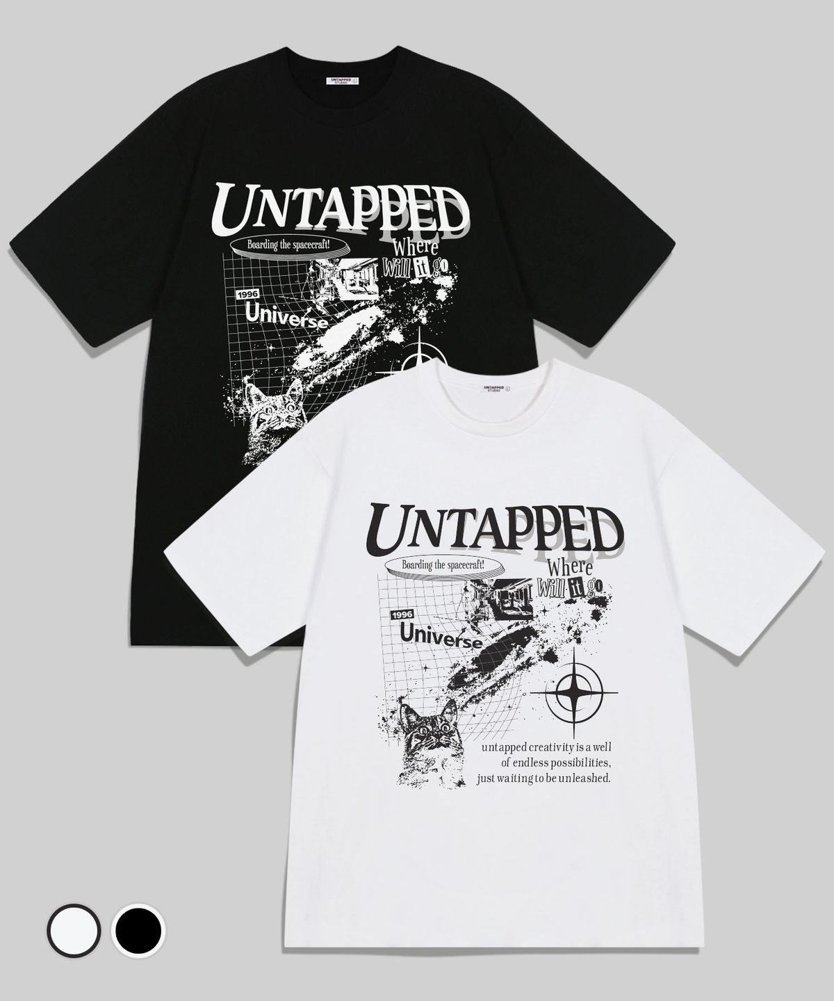 언탭트 스튜디오(UNTAPPED STUDIO) 유니버스 캣 그래피티 퓨어코튼 빅 오버핏 반팔 티셔츠 2COLOR