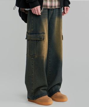 바이오워싱 와이드 카고 데님팬츠