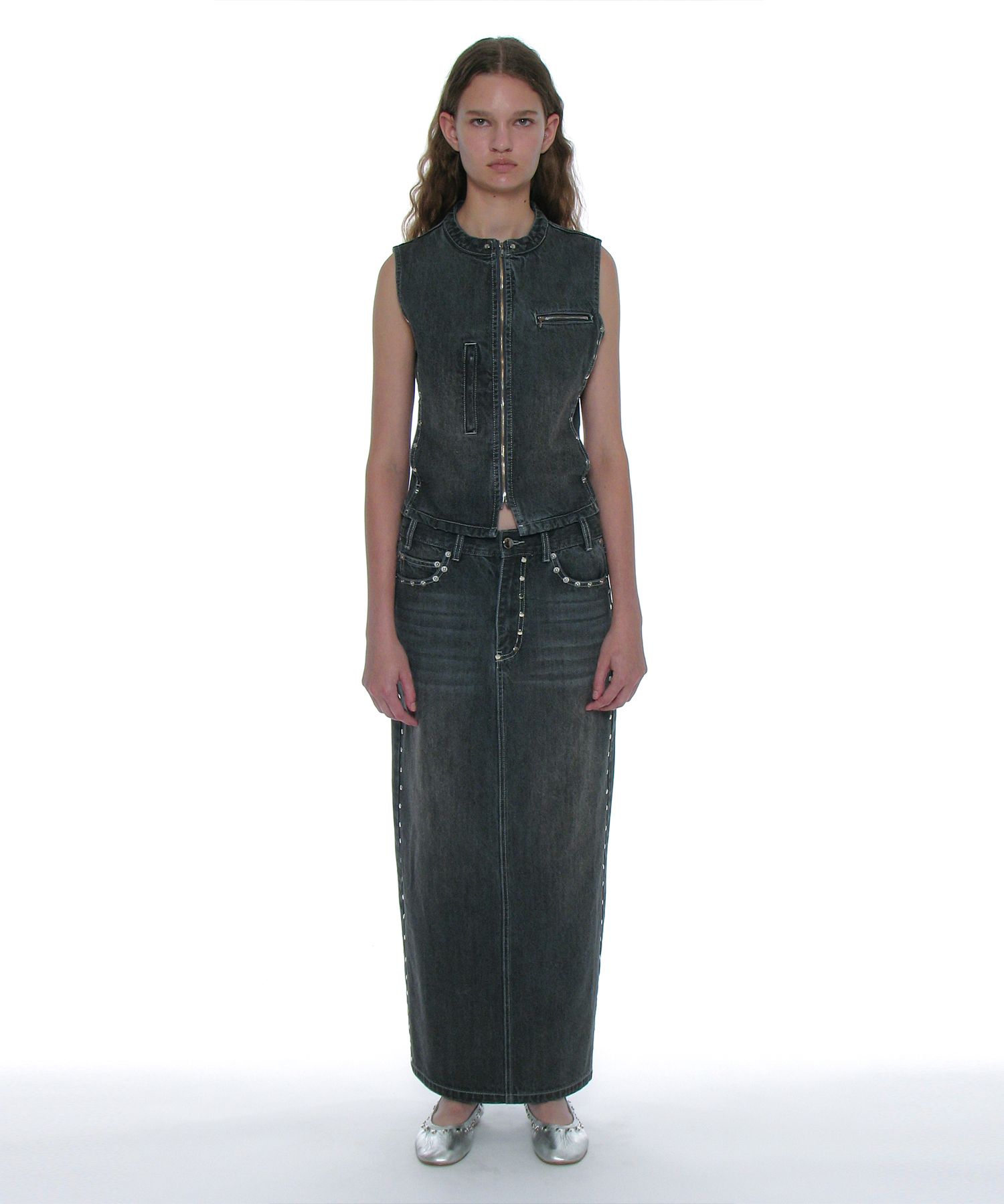 【PARTIMENTO】★ STUDED DENIM MAXI SKIRT ★ 3 COLOR MUSINSA | PARTIMENTO WOMEN Studded denim maxi skirt_Gray