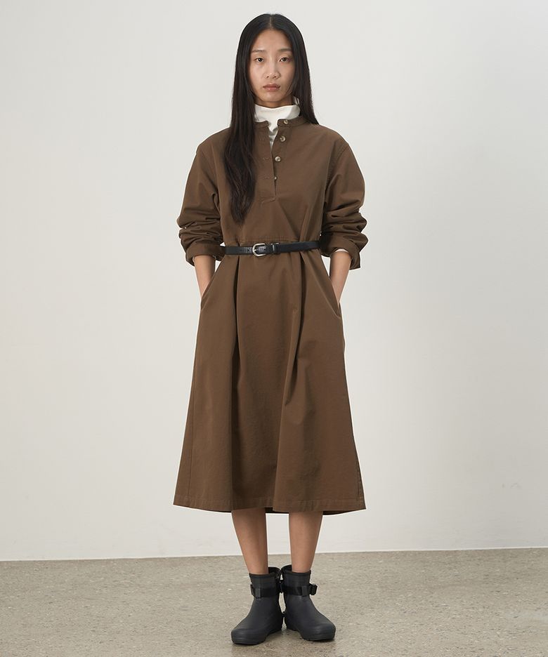 Stand Collar Shirt Dress Sepia
