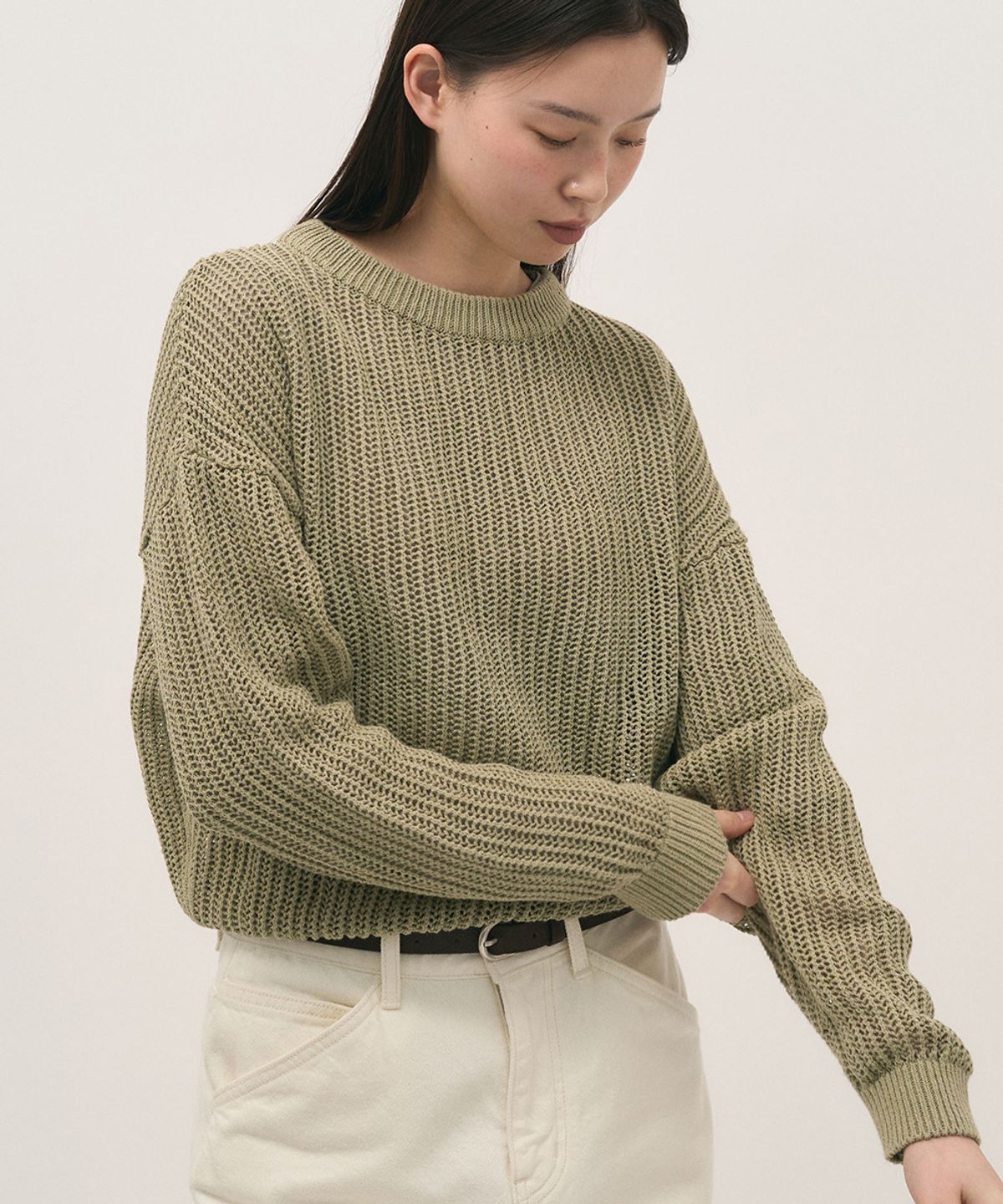 러프사이드 화이트라벨(ROUGH SIDE WHITE LABEL) Paper Net Crewneck Knit Sage Green