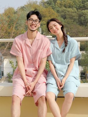 커플 여름 무지 요루면 반팔 잠옷 세트