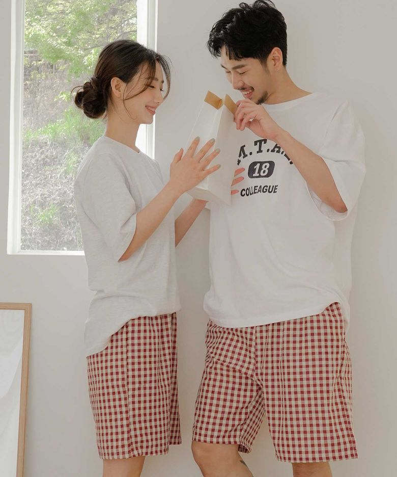 남녀공용 커플 베이직 깅엄체크 5부 파자마 바지 2p