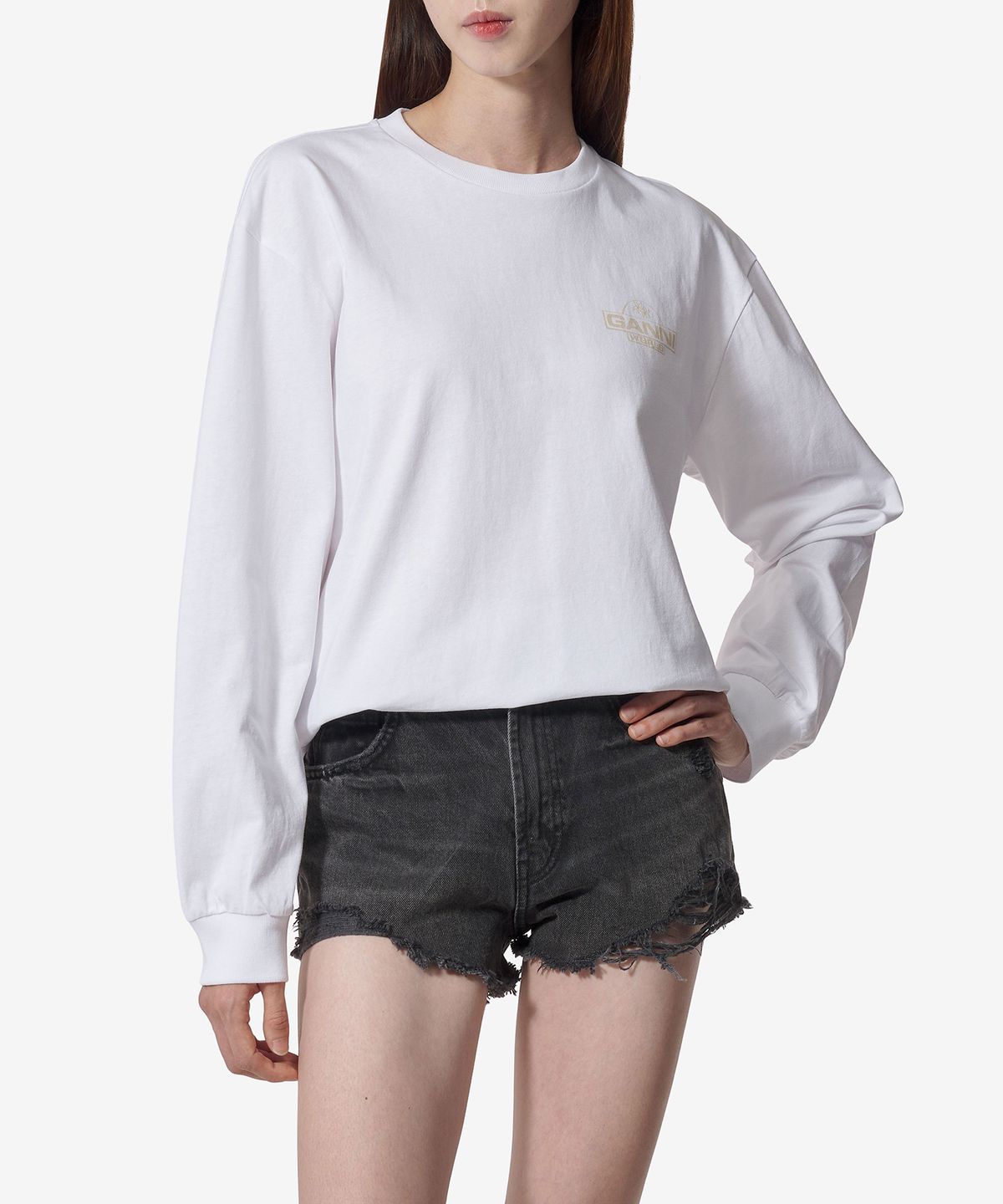 가니(GANNI) 퓨처 헤비 저지 팜 롱 슬리브 티셔츠 - 화이트 / T3938151