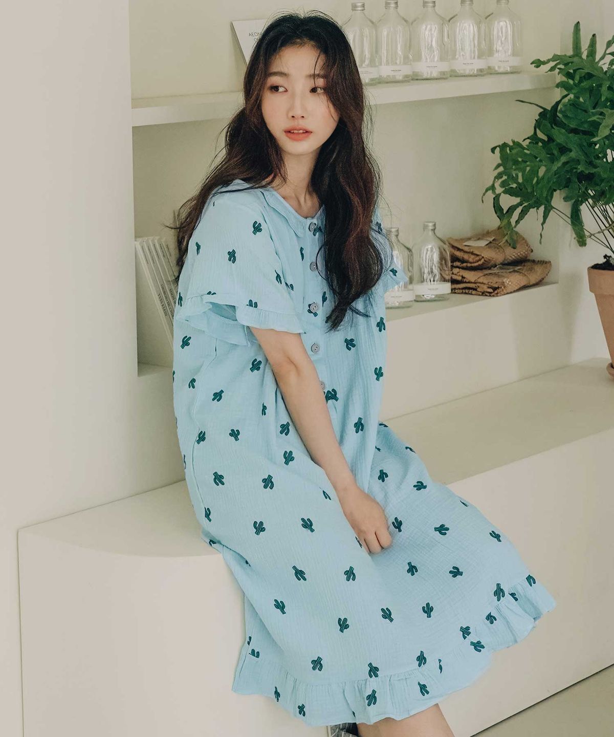 파란(PALAN) 선인장 요루면 반팔 원피스 잠옷