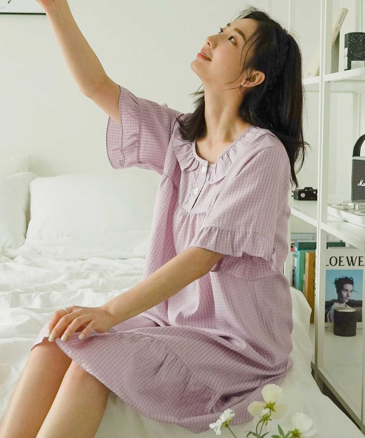 파란(PALAN) 올리비아 라운드 프릴 체크 원피스 잠옷