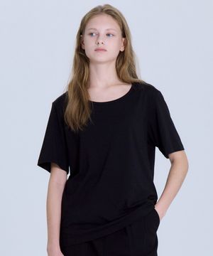 여성 U넥 오버핏 스판 반팔티셔츠 블랙 LATS0210