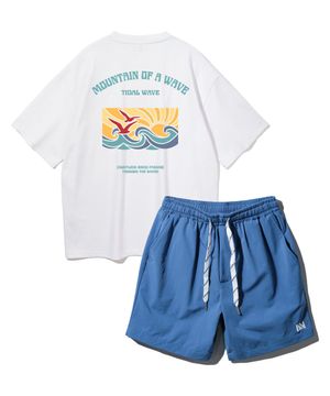 [SET] TIDAL WAVE 오버핏 반팔티 스트링 포인트 우븐 반바지 셋업