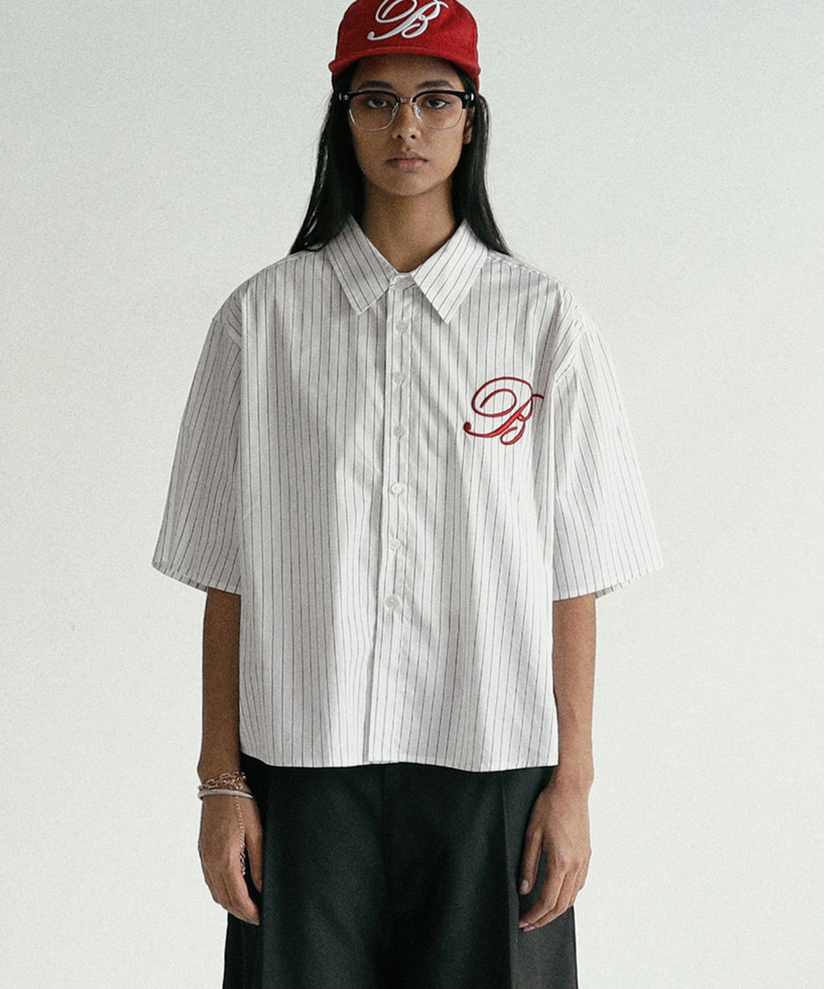 MUSINSA | BADBLOOD Classic Logo Short Sleeve Shirt - White/Stripe