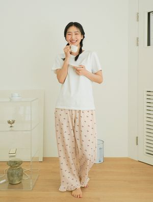 여성용 프릴 9부 주머니 파자마 바지