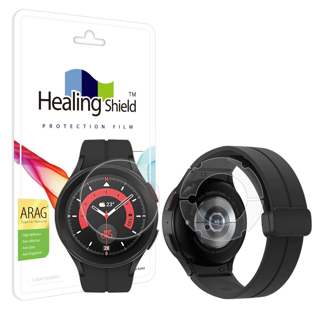힐링쉴드(HEALINGSHIELD) 갤럭시워치5 프로 45mm ARAG 고화질 저반사 액정보호필름 2매 무광후면필름 2매