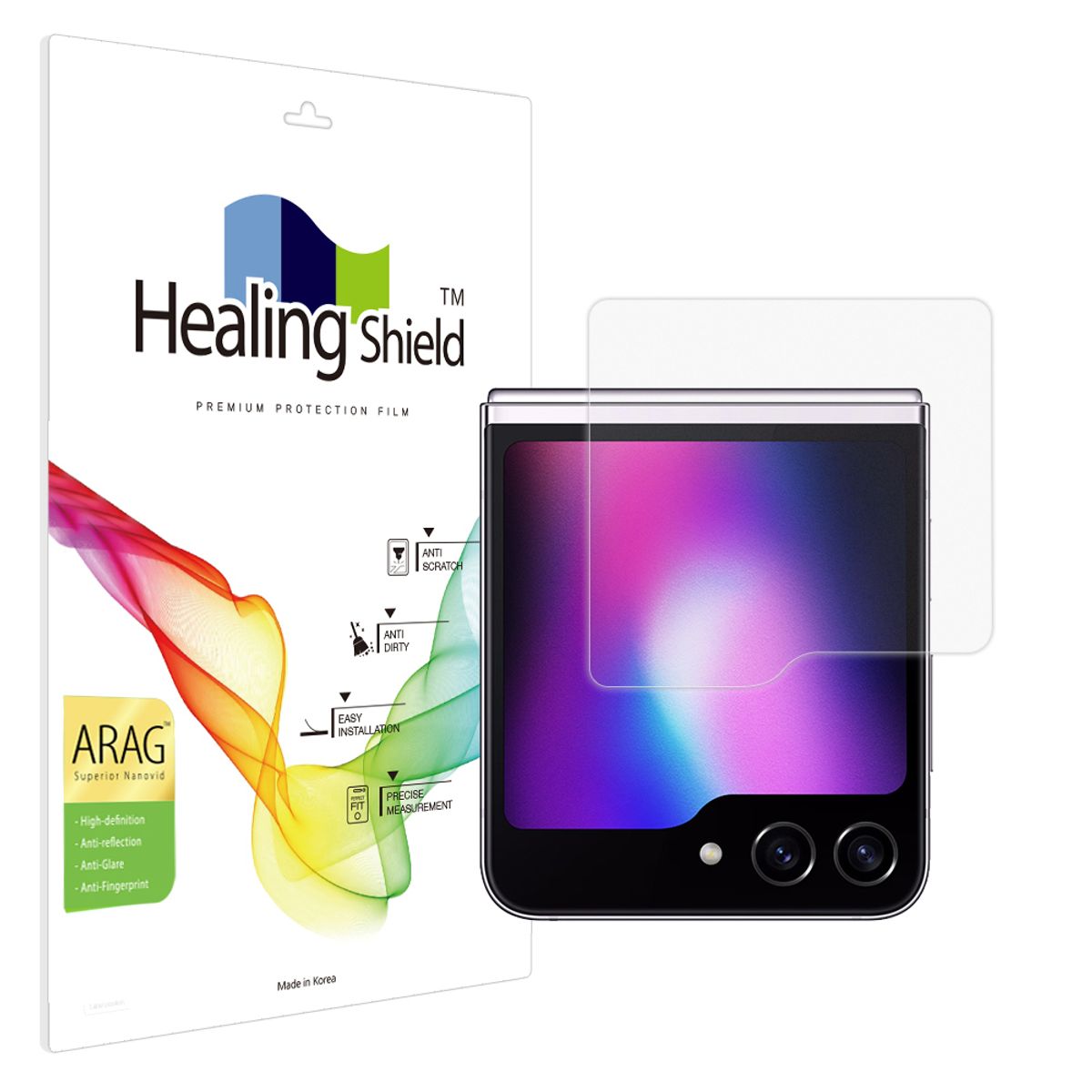 힐링쉴드(HEALINGSHIELD) 갤럭시 Z플립5 ARAG 고화질 저반사 케이스형 외부액정 보호필름 2매