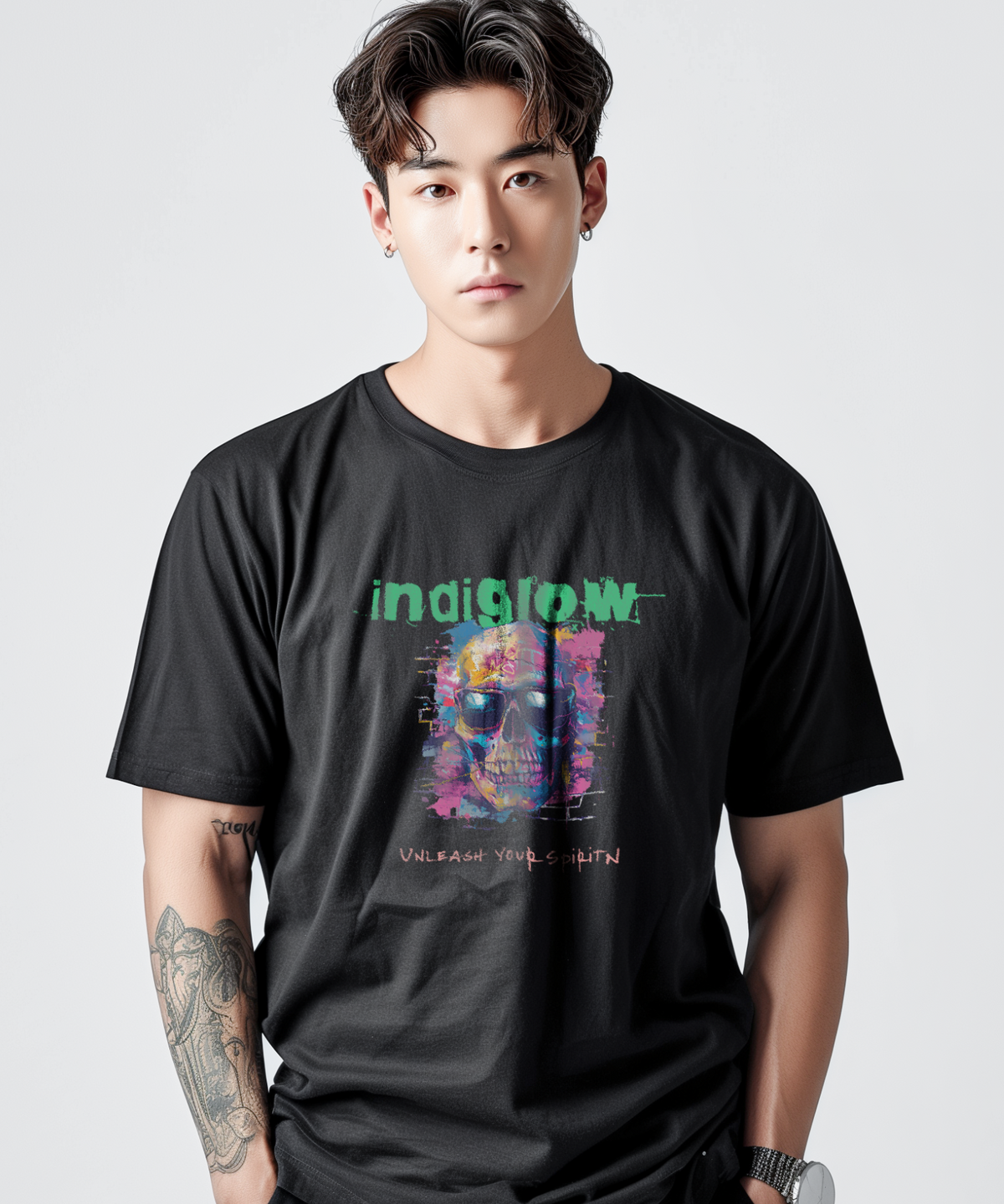 인디글로우(INDIGLOW) 스트릿 아트 해골 벽화 빈티지 티셔츠