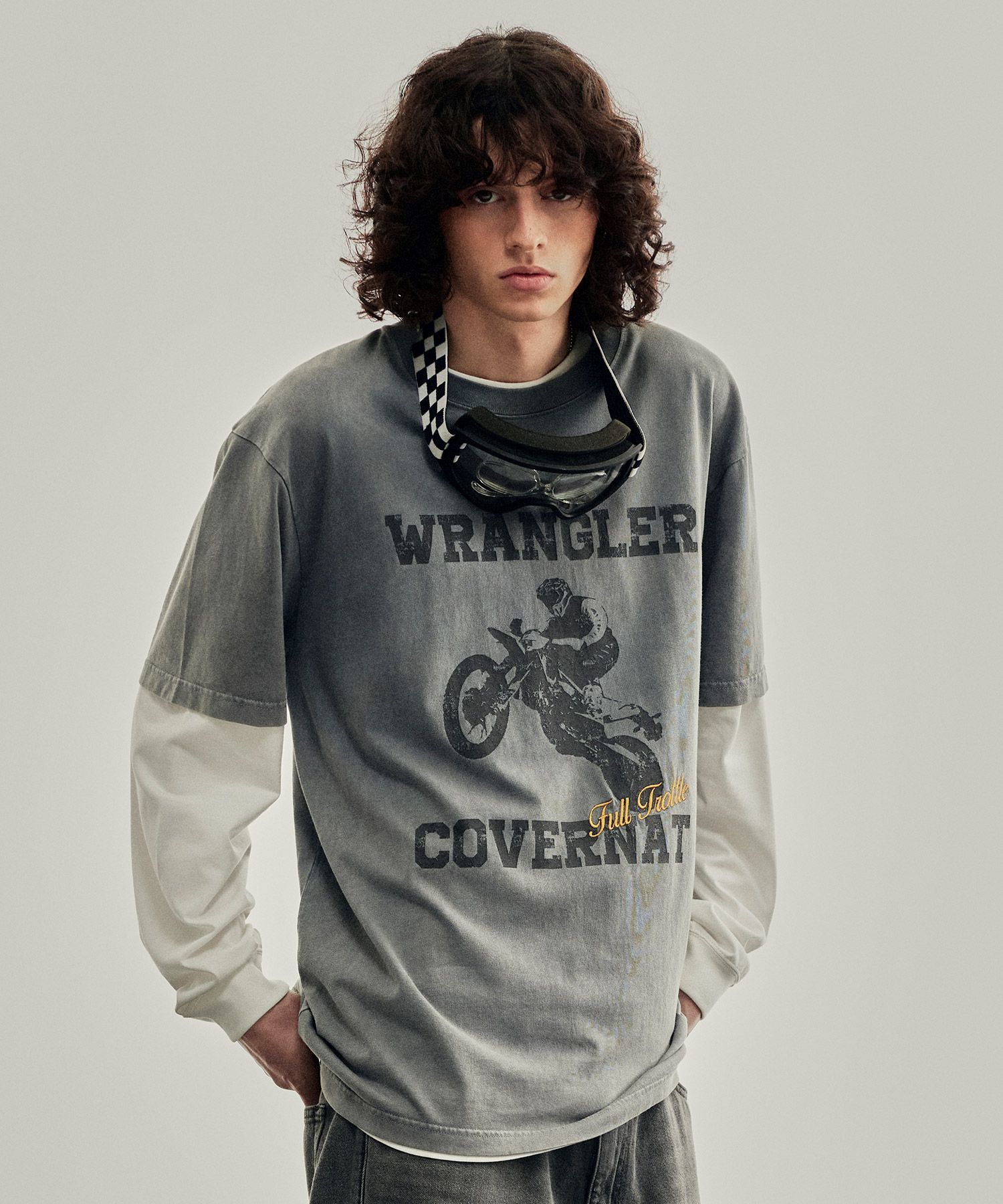 Tシャツ・カットソー COVERNAT CoverNatXWrangler Motorcycle Pigment T-Shirt Grey MUSINSA | COVERNAT [CovernotXWrangler] Motorcycle Pigment T