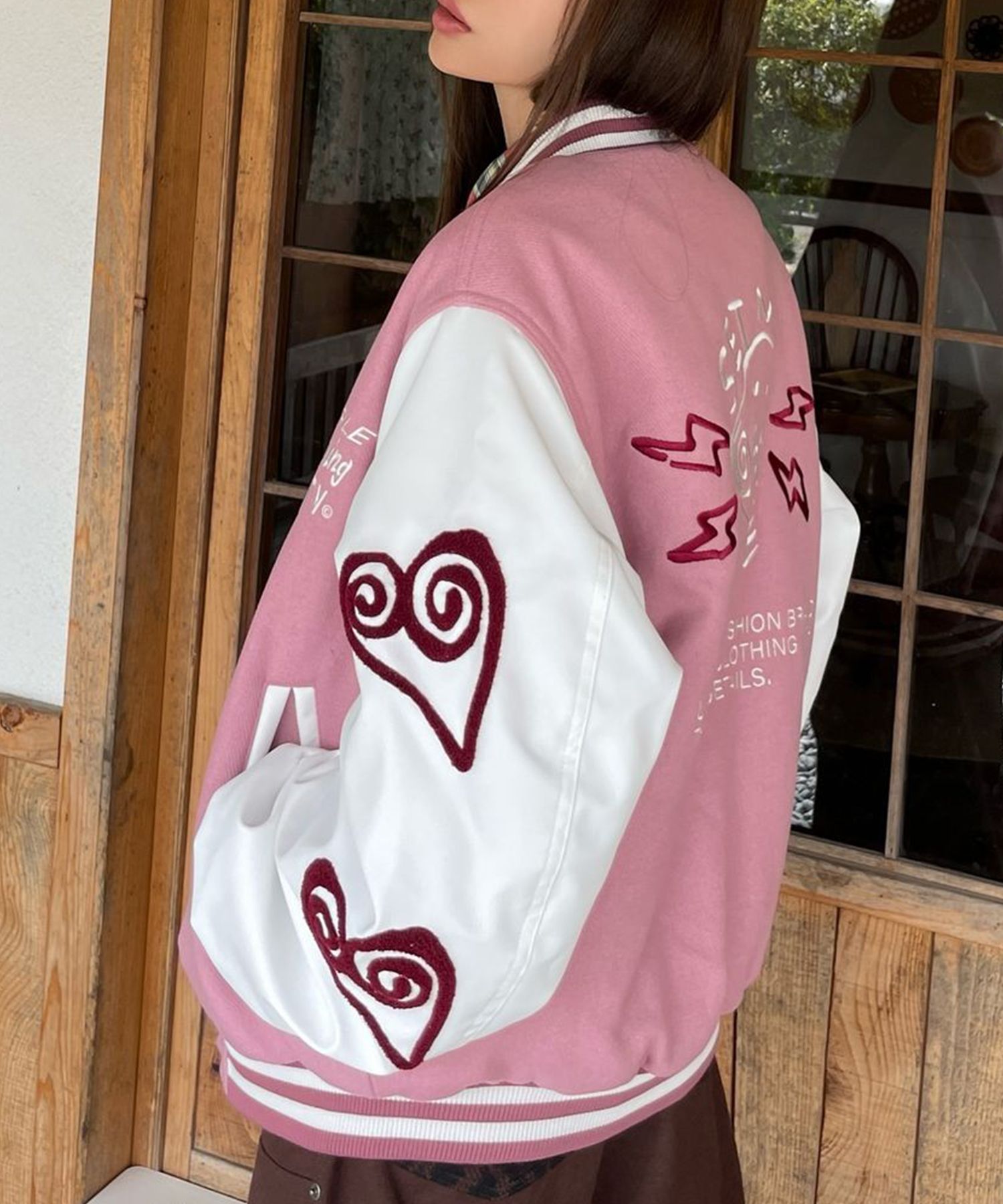 ★ Urbandtype.★ boy Wool Varsity Jacket Pink UBDFJK001 Men's Varsity Baseball Letterman Bomber Baby Pink Wool
