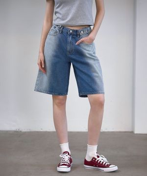 투톤 하프 데님 버뮤다 팬츠