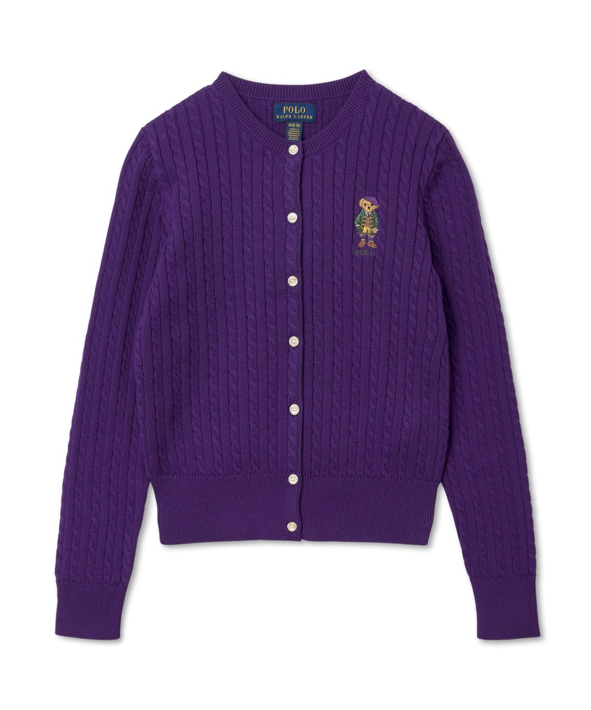 폴로 랄프 로렌 칠드런(POLO RALPH LAUREN CHILDREN) 여아 7-16세 폴로 베어 미니 케이블 코튼 카디건-퍼플