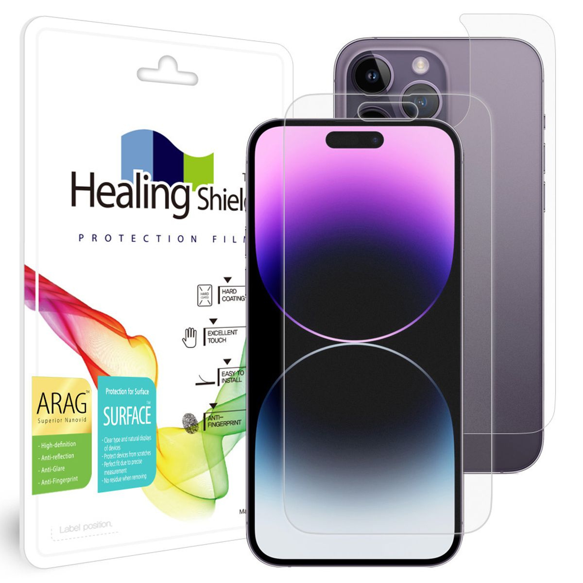 힐링쉴드(HEALINGSHIELD) 아이폰14 프로맥스 ARAG 고화질 저반사 액정보호필름 1매 후면1매