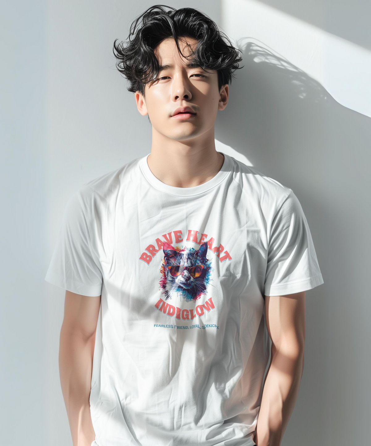 인디글로우(INDIGLOW) 용감한 고양이 아트 그래픽 아트 반팔 커플 티셔츠