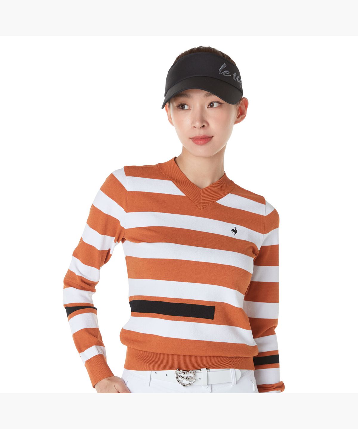 르꼬끄 골프(LECOQ GOLF) 여성 스트라이프 배색 V넥 스웨터 (GP322LKP82)