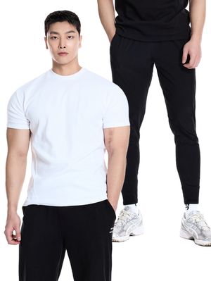 [SET] 특양면 무지 머슬핏 반팔 티셔츠 + 우븐스판 머슬 브레이커 팬츠