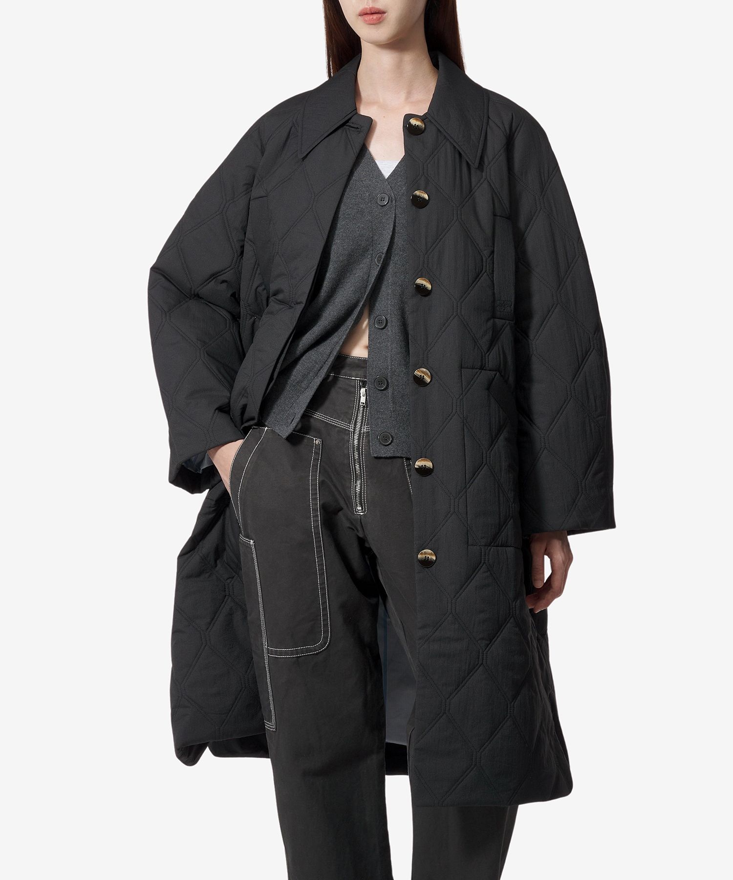 MUSINSA | GANNI Quilted Raglan Midi Coat - Black / F9624099