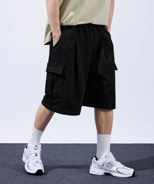 헤비듀티 원턱 카고 트레이닝 반바지 블랙