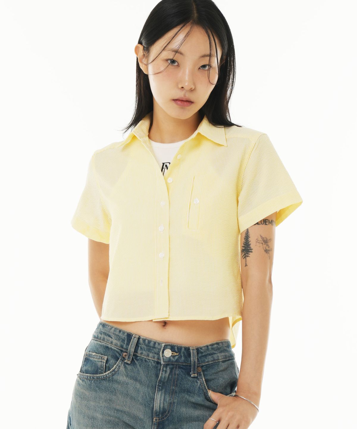 피스메이커(PIECE MAKER) SEERSUCKER POCKET CROP STRIPE SHIRTS (YELLOW)