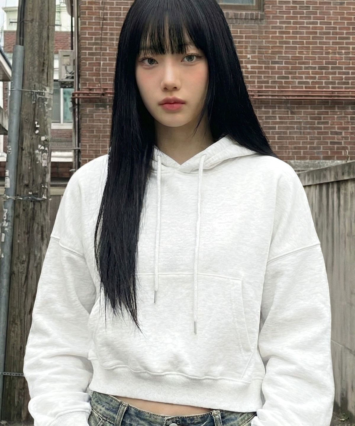 언더오프(UNDEROFF) 우먼 릴렉스드 크롭 후디 화이트멜란지