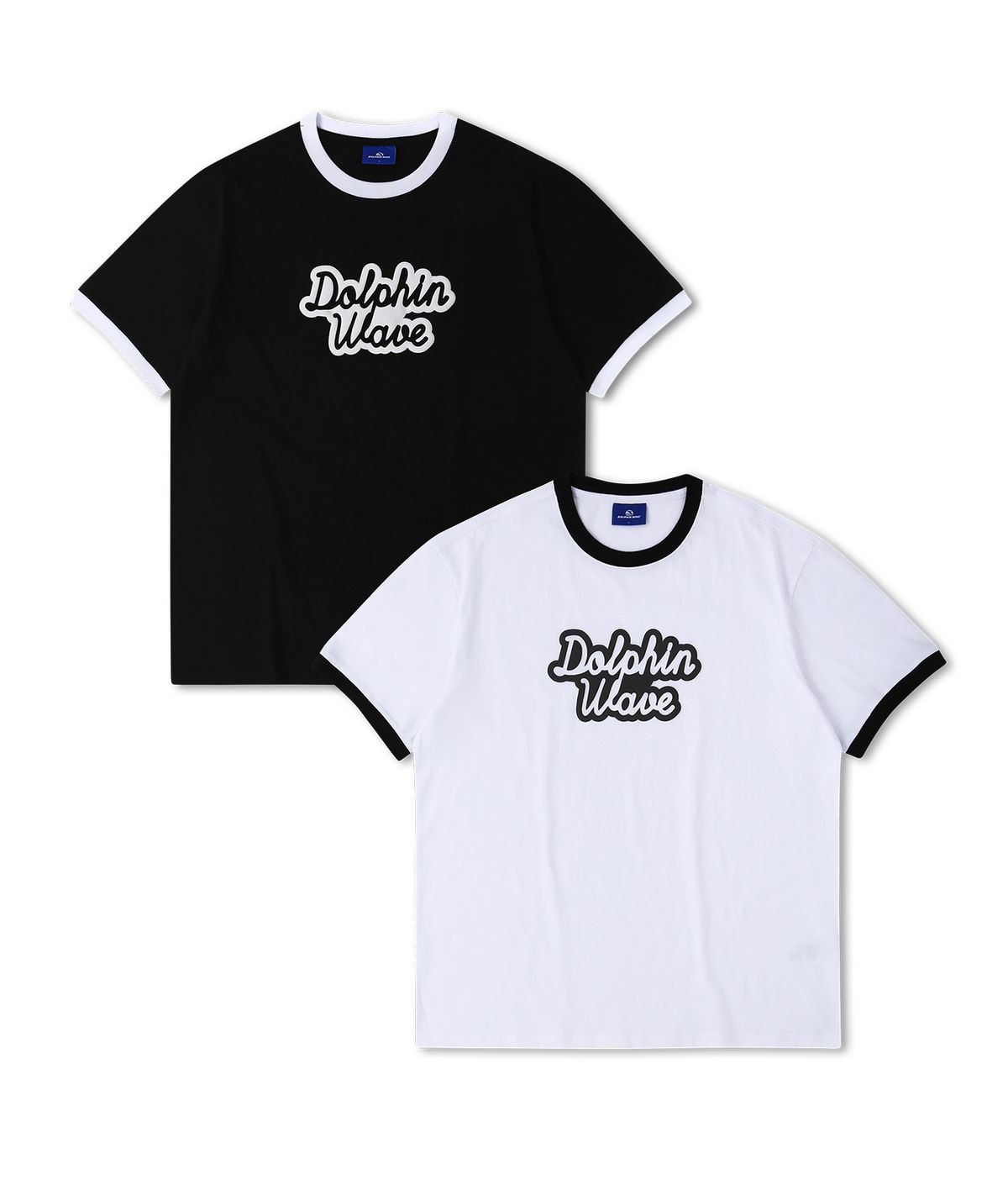 돌핀웨이브어패럴(DOLPHIN WAVE APPAREL) [2팩]돌핀 발포 프린트 빅로고 링거 반팔티셔츠 블랙+화이트