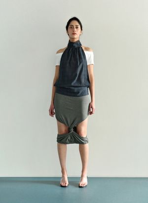 high neck check blouse