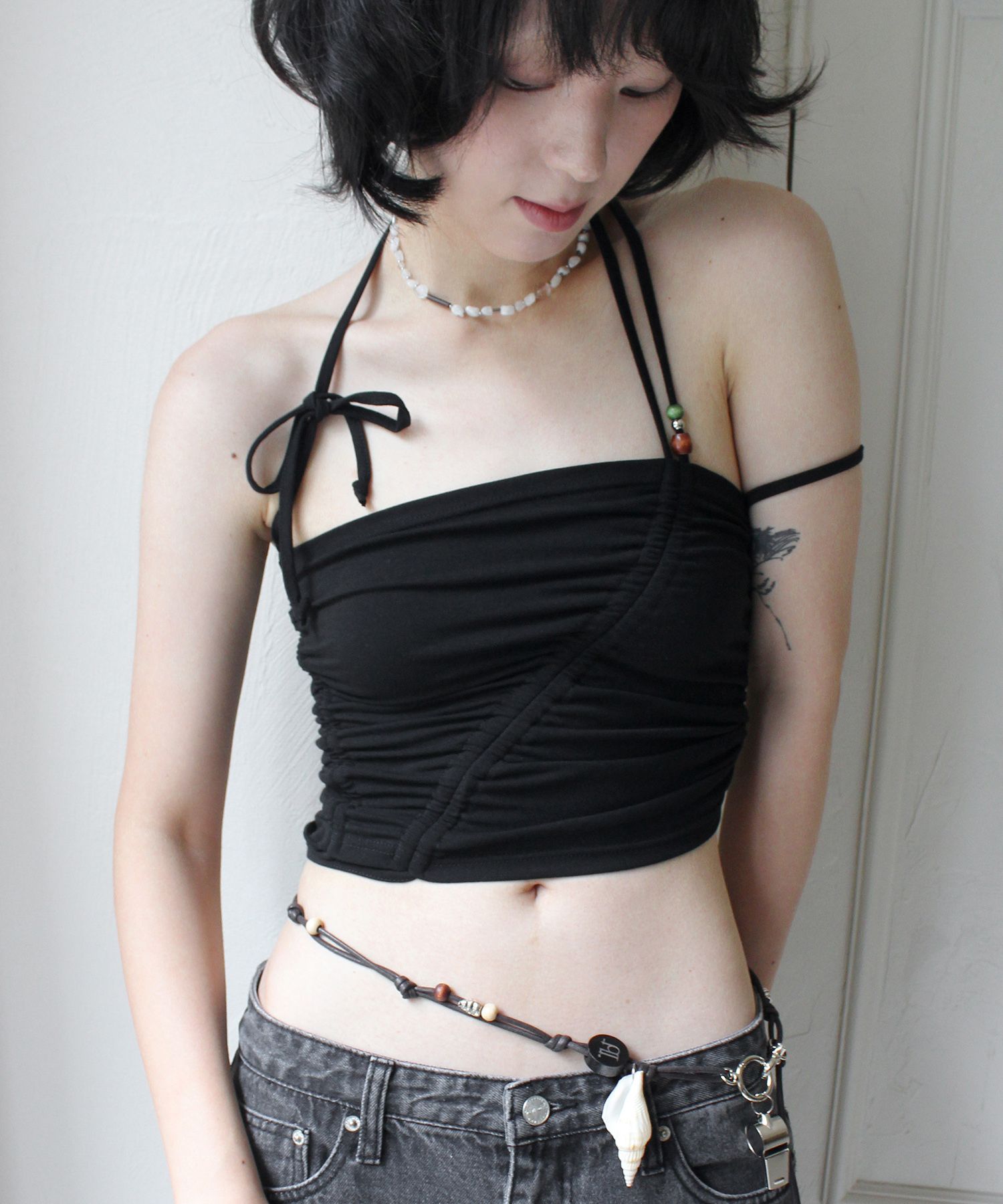 MUSINSA | RUBATI Shirring strap tube top_black