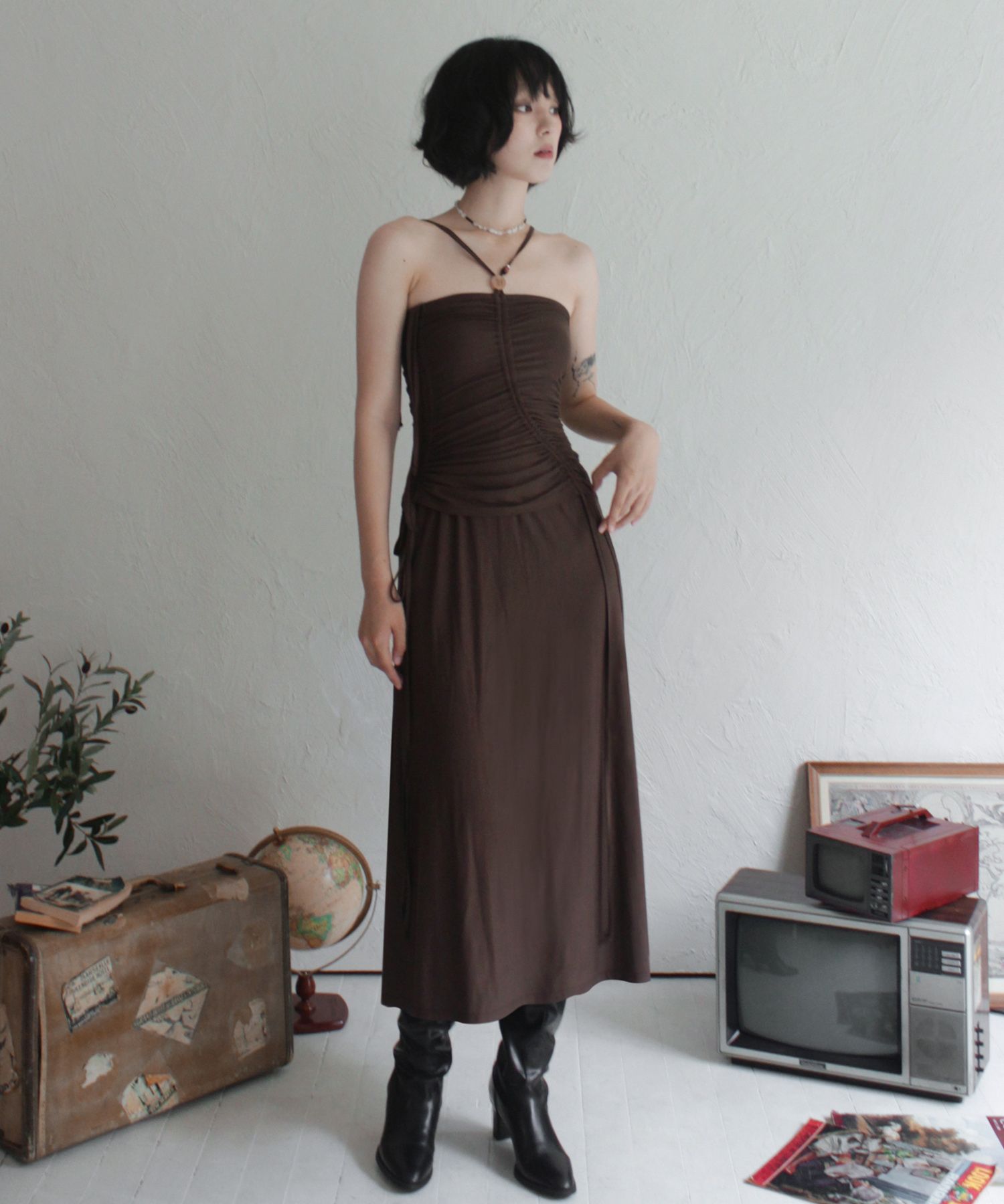 RUBATI ■ Shirring strap tube top dress MUSINSA | RUBATI Shirring strap tube top dress_brown