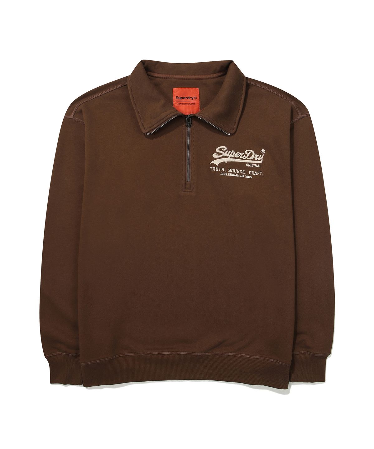 슈퍼드라이(SUPERDRY) 빈티지 로고 하프 집업 맨투맨 브라운