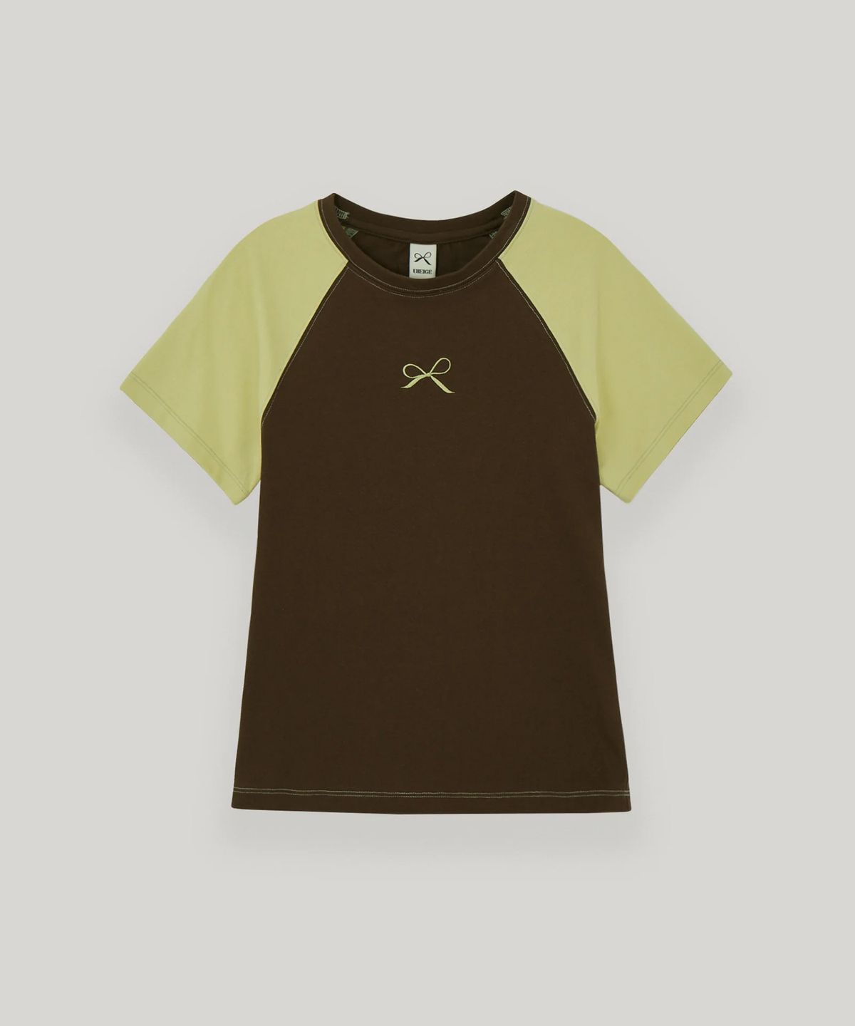유베이지(UBEIGE) 배색 래글런 리본 반팔티셔츠 (Brown/Olive)