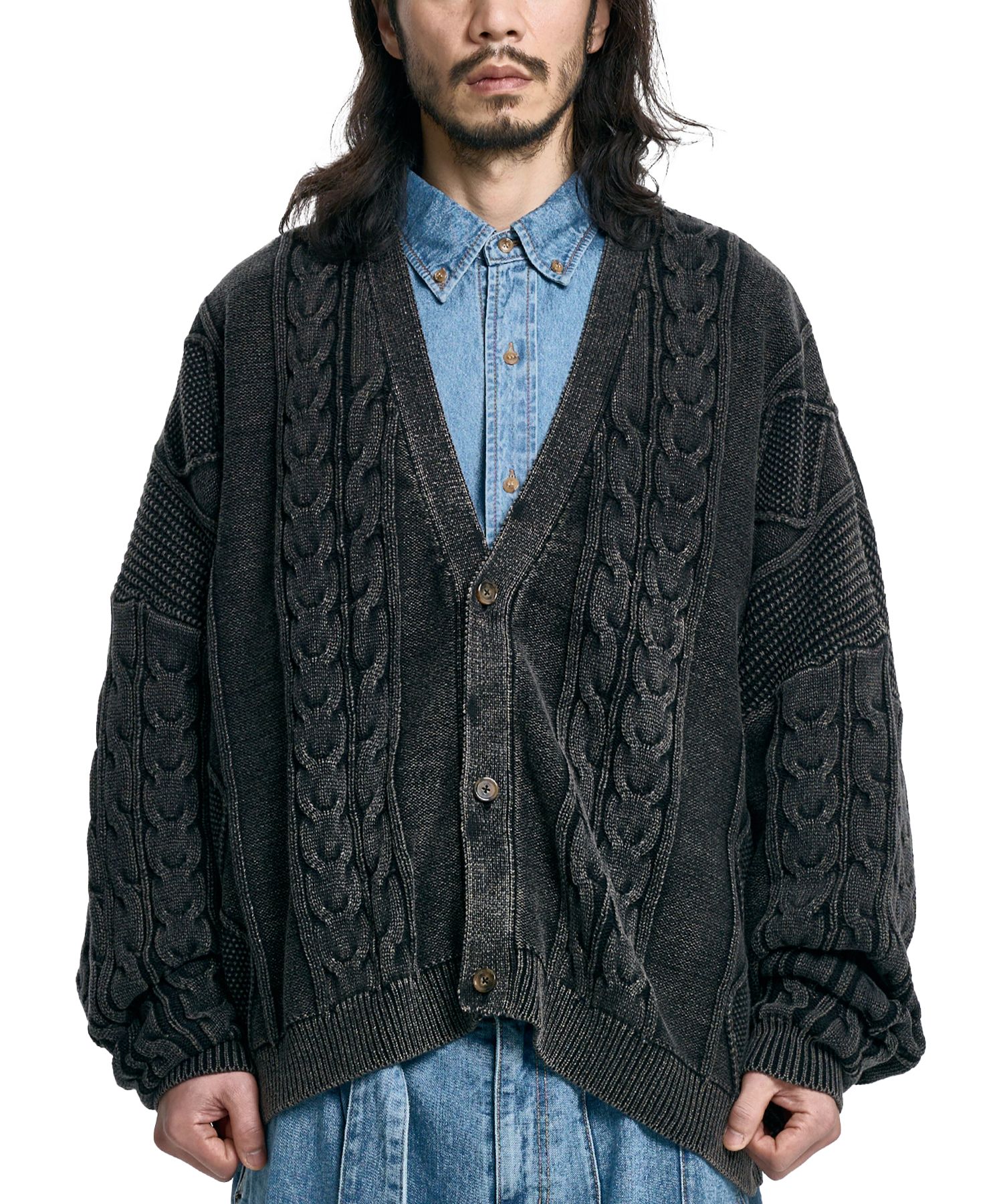 MUSINSA公式 | AJOBYAJO Cable Washed Cardigan [BLACK]