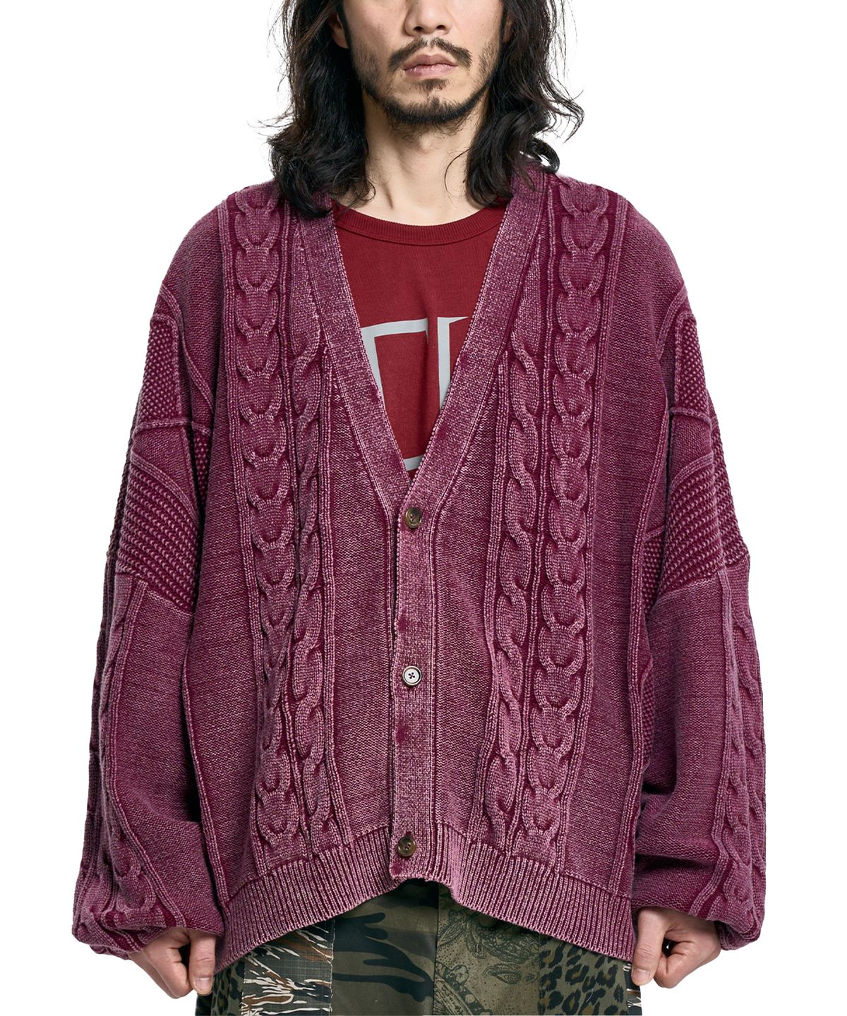 아조바이아조(AJOBYAJO) Cable Washed Cardigan [BURGUNDY]