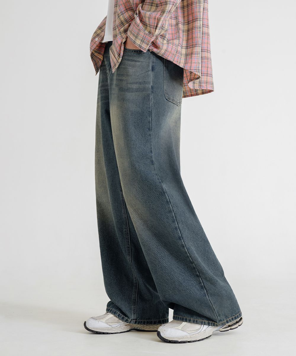 【BAON】[unisex] Kurini side pin tuck washed wide denim pt Side pin tuck washed wide denim pants - ULAN | 60% - Asian