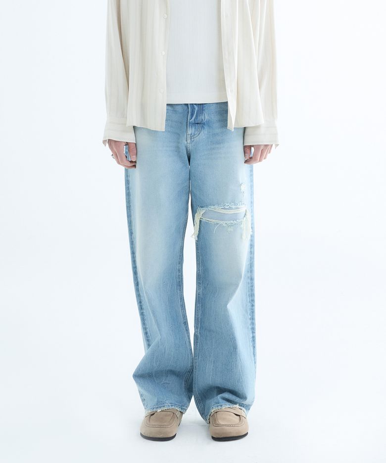 빈티지 링클 스톤워시 와이드 데님 팬츠 (LIGHT BLUE)