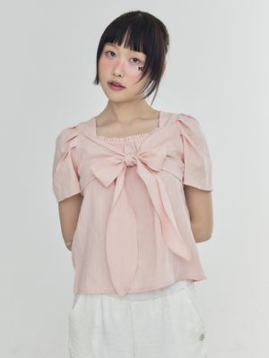 리본 타이 블라우스 - 핑크