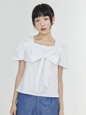 리본 타이 블라우스 - 화이트
