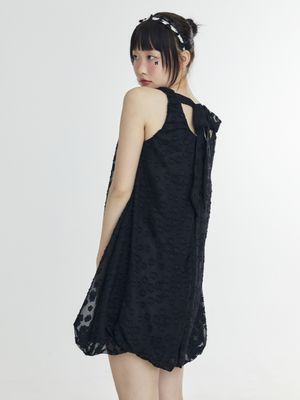 플라워 리본 벌룬 원피스 - 블랙