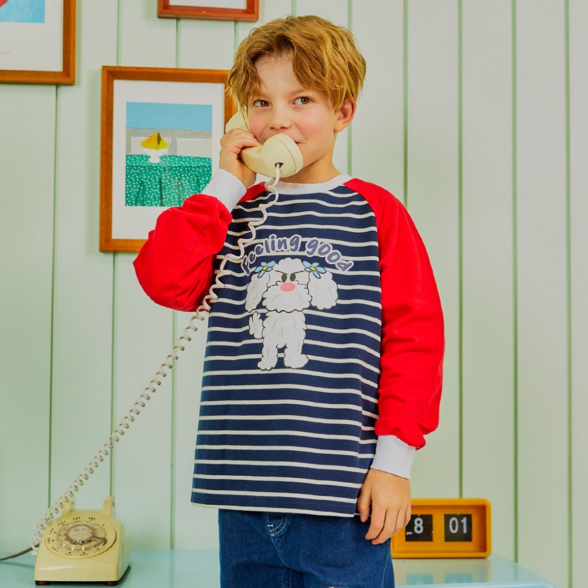 미니도우(MINIDOU) 크림 컬러블럭 아동 맨투맨 티셔츠