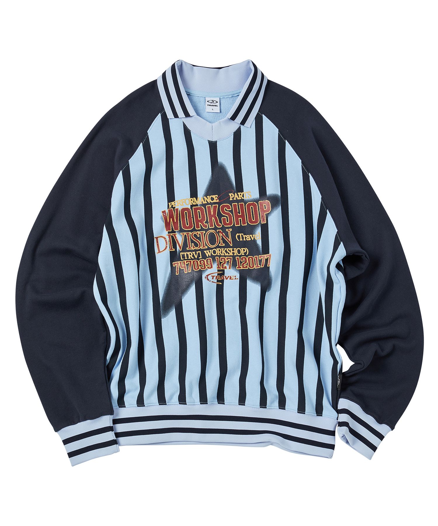 MUSINSA | TRAVEL Striped Spray Star Raglan Sweatshirt Blue