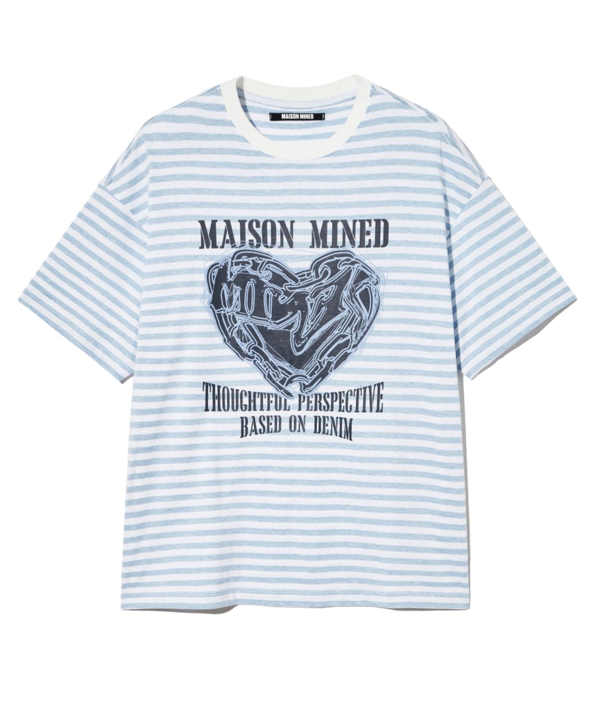 메종미네드(MAISON MINED) DOODLE HEART STRIPE HALF T SKY BLUE