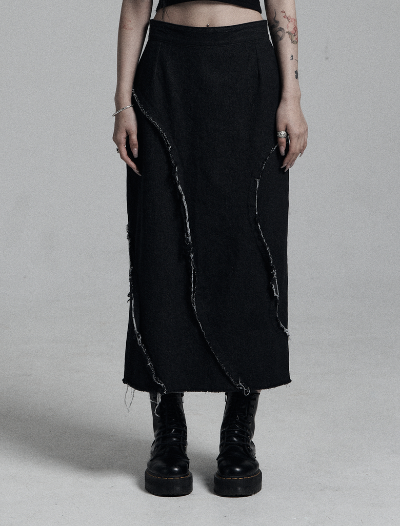 파도 데미지 데님 롱스커트 _ Black